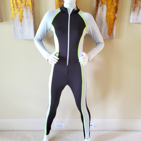 INC Bodycon Sexy Long Sleeve Neon Green Striped Color Block Zipper Jumpsuit SZ L - Picture 1 of 10